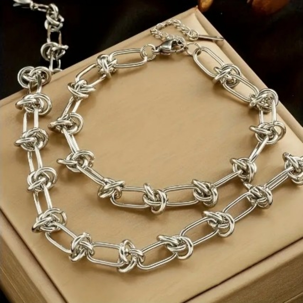 French knotted chain Bracelet & Necklace stainless steel silver color